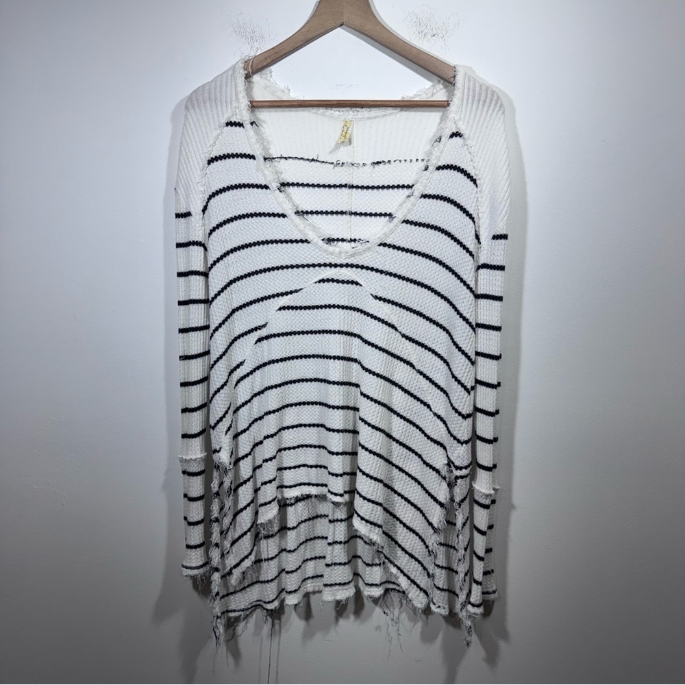 Free People Sunset Park Oversized Thermal Top Black White Stripe XS - Picture 2 of 7